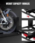 Heavy Duty Motorcycle Wheel Chock And Front Tire Stand For Trailer And Truck That Keeps Your Ride Safe And Secure Holds Up To 1800 Lbs Adjustable 3 To 5 Inch Tire Width Fits Most Motorcycles Model ASM05012 Jack Boss with 1800 lbs capacity illustrated.