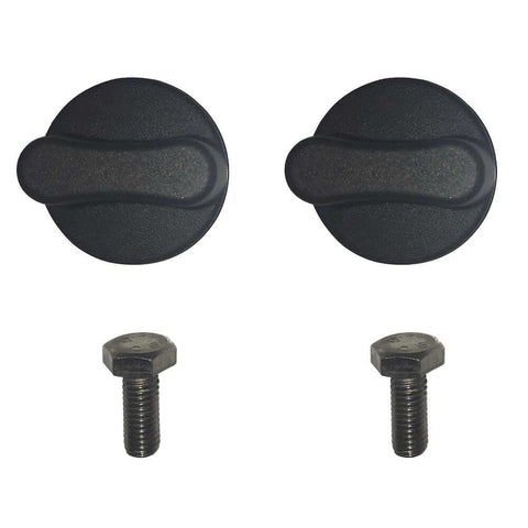 Black quick-release knobs and bolts from Deluxe Motorcycle Wheel Chock Kit With Quick Release Ratchet Straps And D Ring System Orange And Black For Rock Solid Front And Rear Tie Downs From Lock N Load.