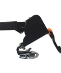 Side view of Deluxe Motorcycle Wheel Chock Kit With Quick Release Ratchet Straps And D Ring System Orange And Black For Rock Solid Front And Rear Tie Downs From Lock N Load, featuring steel components.