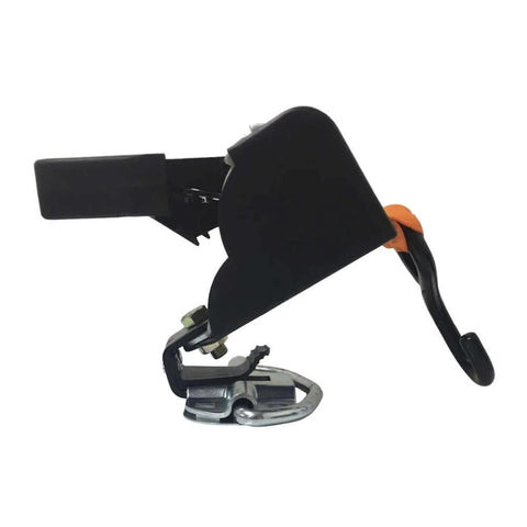Side view of Deluxe Motorcycle Wheel Chock Kit With Quick Release Ratchet Straps And D Ring System Orange And Black For Rock Solid Front And Rear Tie Downs From Lock N Load, featuring steel components.