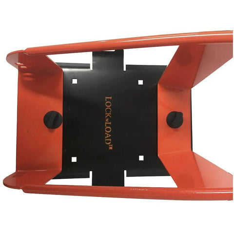 Top view of Deluxe Motorcycle Wheel Chock Kit With Quick Release Ratchet Straps And D Ring System Orange And Black From Lock N Load.