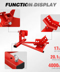 Heavy Duty Motorcycle Wheel Chock And Adjustable Front Wheel Stand For 15 To 22 Inch Wheels Ideal For Trailers Shops And Garages Supports Up To 4000 Lbs Red Finish Built Tough By DNA Motoring shown in close-up with load capacity details.