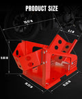 Heavy Duty Motorcycle Wheel Chock And Front Tire Stand, Supports Up To 1800 Lbs, shown with red steel construction and dimensions
