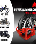 Heavy Duty Motorcycle Wheel Chock And Front Tire Stand, Supports Up To 1800 Lbs, red chock holding front tire of motorcycle