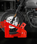 Red Heavy Duty Motorcycle Wheel Chock And Front Tire Stand, Supports Up To 1800 Lbs, adjustable with 12 holes, holding a motorcycle tire