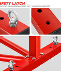 Close-up of safety latch on Heavy Duty Motorcycle Wheel Chock and Adjustable Front Wheel Stand, red finish by DNA Motoring.