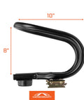 Side view of black Heavy Duty Motorcycle Wheel Chock for Trailers that connects to X Track and E Track systems, 10x8 inches.