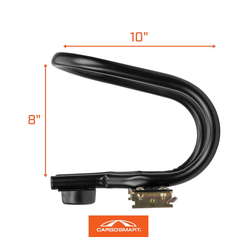 Side view of black Heavy Duty Motorcycle Wheel Chock for Trailers that connects to X Track and E Track systems, 10x8 inches.
