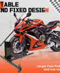 Heavy Duty Motorcycle Wheel Chock Stand With Beefed-Up 1800 Pound Capacity shown with motorcycle for stability