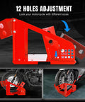 Heavy Duty Motorcycle Wheel Chock And Front Tire Stand shown in steel with adjustable 12-hole length for positioning, red finish