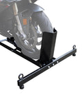 Heavy Duty Motorcycle Wheel Chock And Front Tire Stand For Trailer And Truck That Keeps Your Ride Safe And Secure Holds Up To 1800 Lbs Adjustable 3 To 5 Inch Tire Width Fits Most Motorcycles Model ASM05012 Jack Boss, with a motorcycle wheel secured within the stand.
