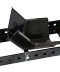 Close-up of a black Heavy Duty Motorcycle Wheel Chock Stand With Beefed-Up 1800 Pound Capacity, Adjustable Front Tire Stand.