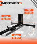 Dimensions of Heavy Duty Motorcycle Wheel Chock Stand With Beefed-Up 1800 Pound Capacity, Adjustable Front Tire Stand shown.