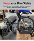 Beefy Heavy Duty Motorcycle Wheel Chock and Front Wheel Stand in use with 1800 Lb capacity for 3 to 5 inch wheels on motorbikes