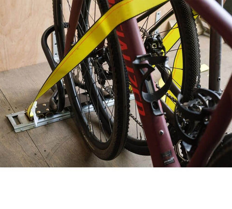 7 Inch Steel Motorcycle Wheel Chock For E Track And X Track System Powder Coated Black Fits Front Tires Up To 7 Inches Wide And 12 Inch Depth Ideal For Trailer Use 2 Pack By Mytee Products securing a bicycle