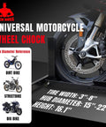 Heavy Duty Motorcycle Wheel Chock And Front Tire Stand For Trailer And Truck That Keeps Your Ride Safe And Secure Holds Up To 1800 Lbs Adjustable 3 To 5 Inch Tire Width Fits Most Motorcycles Model ASM05012 Jack Boss, front view with tire illustration.
