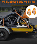 Heavy Duty Stainless Steel Motorcycle Wheel Chock Stand With Anti Rust Finish 3000 Lbs Load Capacity Universal Front Tire Stand For Motorcycles And Dirt Bikes Trailer Wheel Chocks Silver securing a motorcycle on a trailer.