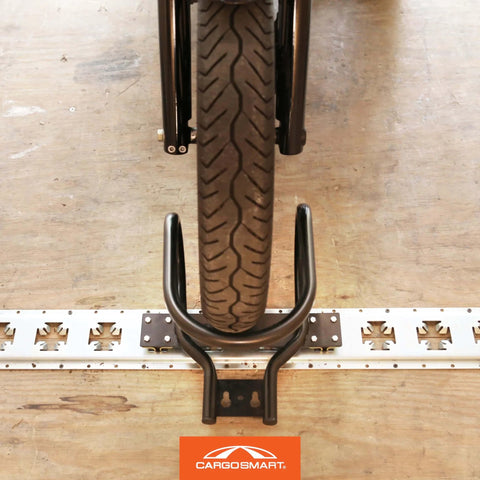 Heavy Duty Motorcycle Wheel Chock For Trailers That Connects To X Track And E Track Systems And Stabilizes Front Or Rear Wheel, Fits Up To 7 Inch Wide Tires, Ideal For Secure Hauling On The Move CargoSmart installed with tire