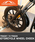 Heavy Duty Motorcycle Wheel Chock For Trailers That Connects To X Track And E Track Systems And Stabilizes Front Or Rear Wheel