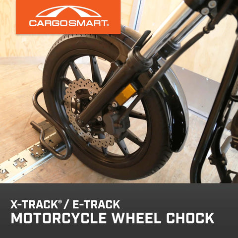 Heavy Duty Motorcycle Wheel Chock For Trailers That Connects To X Track And E Track Systems And Stabilizes Front Or Rear Wheel