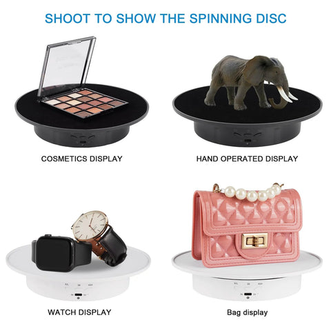 Motorized 360 Degree Rotating Display Stand With Velvet Top for Jewelry and Product Presentation showcasing various items.