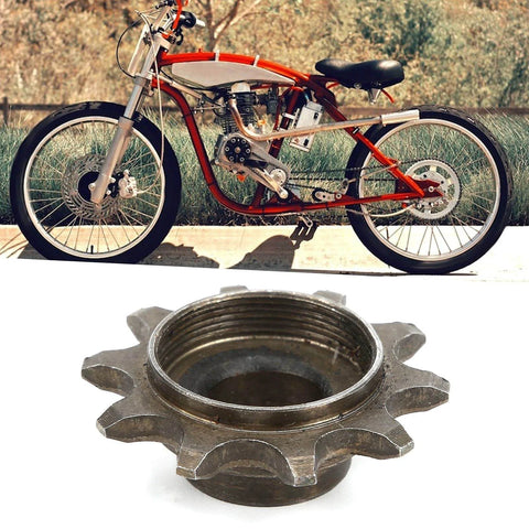 10T Iron Alloy Front Sprocket Cog For 415 Chain Motorized Gear Replacement shown with motorized bicycle