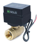 Motorized Brass Ball Valve Three Quarter Inch Standard Port With Nine To Thirty Six Volt AC DC Operation, side view.