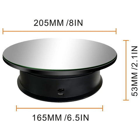 Motorized Rotating Display Stand With 8 Inch Mirror Surface Load Capacity 6.6 Lbs Electric Turntable dimensions diagram.