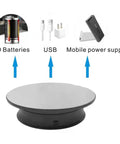 Motorized Rotating Display Stand With 8 Inch Mirror Surface showing D batteries, USB, and mobile power supply options