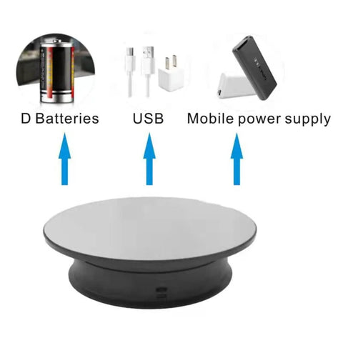 Motorized Rotating Display Stand With 8 Inch Mirror Surface showing D batteries, USB, and mobile power supply options