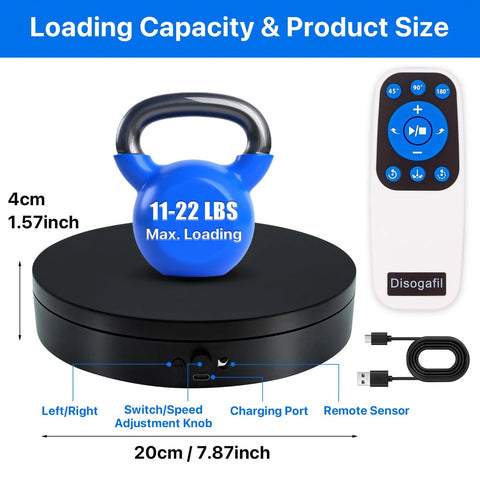 Motorized Rotating Display Stand With Remote 7.87 Inch Turntable 360 Degree Rotation with 11-22 lbs weight shown on top