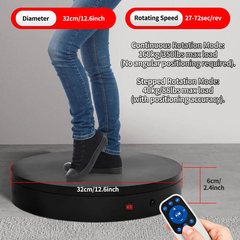 Person standing on Electric Motorized Turntable 12.6 Inch Diameter Remote Controlled Rotating Display Stand Heavy Duty Platform Up To 350 Lbs Ideal For Photography 3D Scanning And Exhibition Displays For Events, showing remote control and specifications.