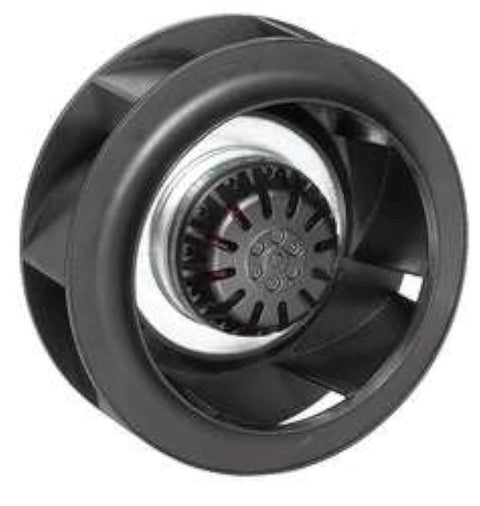 Front view of EBM PAPST - R2E175-AC77-18 - AC MOTORIZED IMPELLER, 175 X 47MM, 230V, black plastic and metal materials.