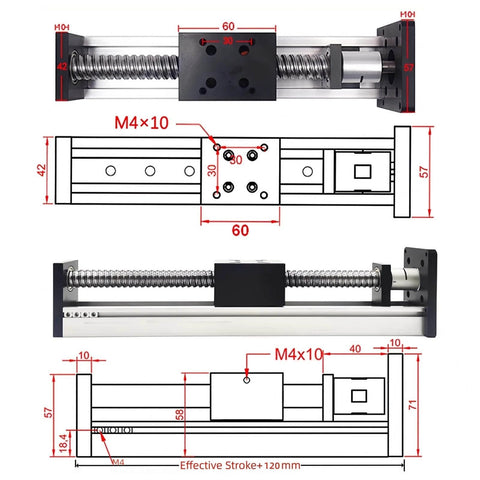 Technical diagram of motorized linear guide stage motion 12" 300mm stroke with sfu1605 ballscrew actuator and max load 88 pounds