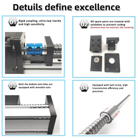 Details of motorized linear guide stage motion 12" 300mm stroke sfu1605 ballscrew actuator components and features
