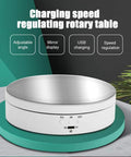 Motorized 360 Degree Rotating Display Stand for Jewelry and Collectibles, 5.43 Inches Turntable, featuring adjustable angle and USB charging.
