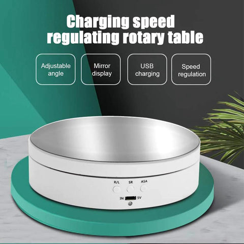 Motorized 360 Degree Rotating Display Stand for Jewelry and Collectibles, 5.43 Inches Turntable, featuring adjustable angle and USB charging.