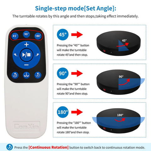 Remote control showing angles for electric motorized turntable 12.6 inch diameter rotating display stand for photography and exhibitions.
