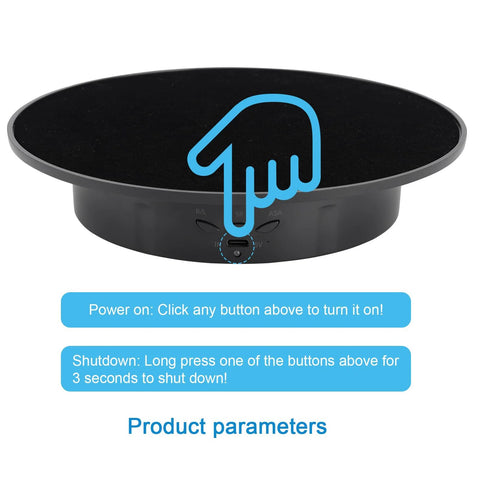 Front view of motorized 360 degree rotating display stand with velvet top, showing power button and usage instructions.