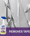 Motsenbocker's Lift Off 40701 Tape, Label, and Adhesive Remover beside a silver tape-covered wall surface.