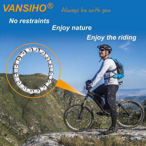 Cyclist on mountain with 5 By 32 Inch 16 Balls Stainless Steel Bike Headset Bearings Set Of 4 Pieces detail overlay.