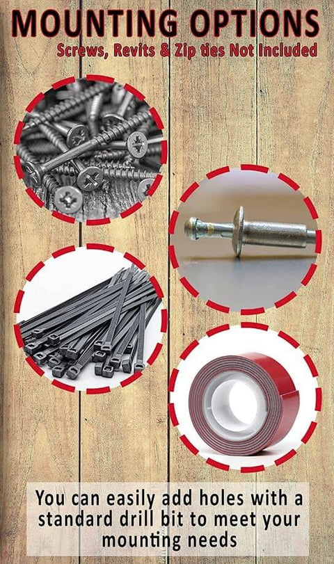 Mounting options for warning sign with screws, rivets, zip ties, and tape not included.