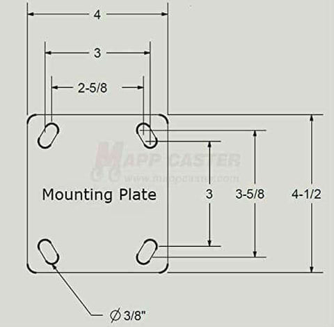 Diagram of the mounting plate for Drywall Dolly Replacement Rubber Wheel Casters - 2,400 Lbs Capacity showing dimensions.