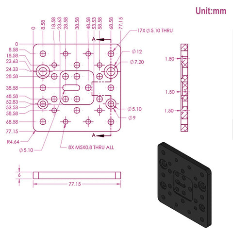 Diagram and image of mounting plate for 250mm 4080U screw slide table linear actuator for 3D printers and DIY CNC routers.
