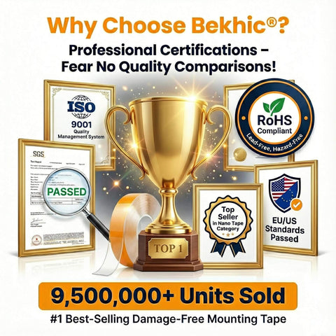 Why Choose Bekhic? Trophy with certifications, ISO, RoHS, EU/US standards, highlighting 9,500,000+ units sold.