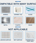 Compatibility chart for Heavy Duty Double Sided Mounting Tape Clear Removable For Walls Carpets Rugs And Posters 9.84 Foot Long And 1.18 Inch Wide Indoor Outdoor Nano Gel Grip Reusable No Residue Easy Peel And Stick showing applicable and not applicable surfaces.