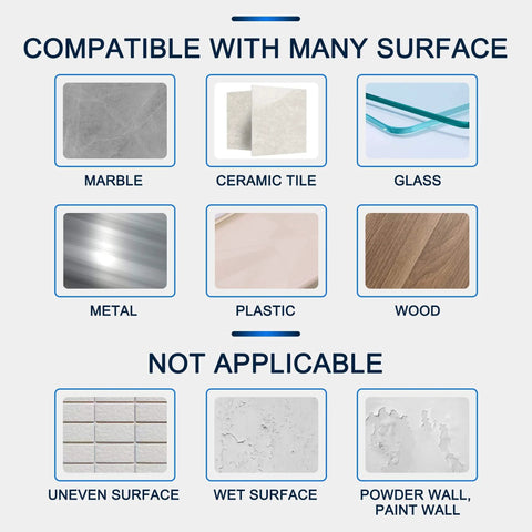 Compatibility chart for Heavy Duty Double Sided Mounting Tape Clear Removable For Walls Carpets Rugs And Posters 9.84 Foot Long And 1.18 Inch Wide Indoor Outdoor Nano Gel Grip Reusable No Residue Easy Peel And Stick showing applicable and not applicable surfaces.