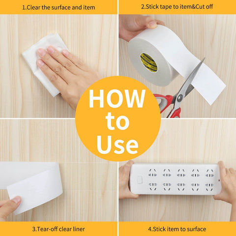 Instructions for using Double Sided Mounting Tape Heavy Duty 2 Inch By 66 Feet With Fiberglass Mesh Ultra Sticky Clear Adhesive.