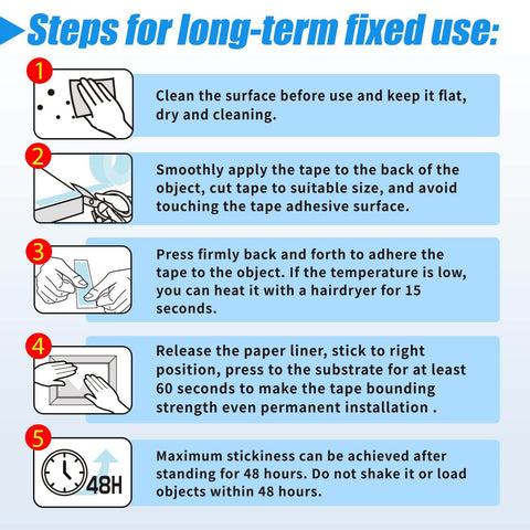 Instructional image showing steps for long-term use of Extra Large 1.2 In By 240 In Double Sided Mounting Tape, Clear Nano Strength Adhesive.