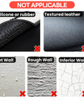 Image showing surfaces not suitable for UltraSticky Heavy Duty Double Sided Mounting Tape Pads, like silicone, leather, and rough walls.